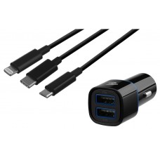Автомобільний зарядний пристрій 2E, Black, 2xUSB (2.1A), кабель USB - 3-в-1 (2E-ACR01-C3IN1)