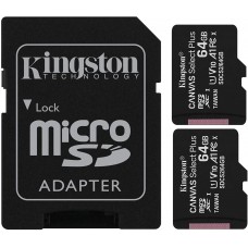 Карта памяти microSDXC, 64Gb, Class10 UHS-1 А1, Kingston R-100MB/s, SD адаптер (SDCS2/64GB-2P1A)