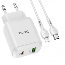 Сетевое зарядное устройство Hoco N5, White, 2xUSB, PD+QC3.0 (20W), кабель USB <-> Lightning
