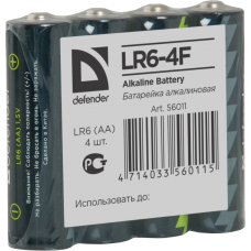 Батарейка AA (LR6), щелочная, Defender, 4 шт, 1.5V, Shrink (56011)