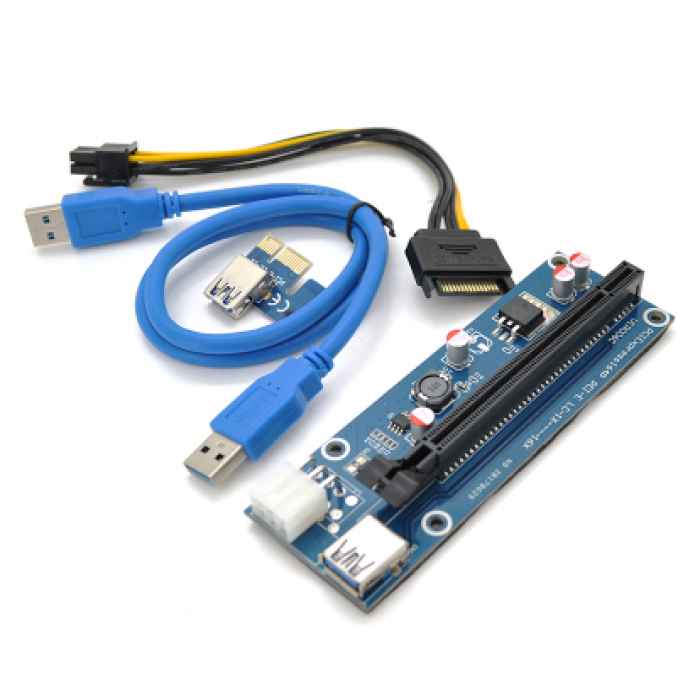 Райзер PCI-EX, x1=>x16, 6-pin, SATA=>6Pin, USB 3.0 AM-AM 0,6 м (синій), конденсатори 270, пакет