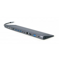 Док станція USB 3.1 Type-C (M) - 9-в-1 (Hub3.1, HDMI, PD, VGA, картр, Аудіо, LAN) Cablexpert, Grey