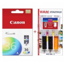 Картридж Canon CLI-36, Color, 13 мл + заправочный набор WWM (Set36-inkC)