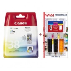 Картридж Canon CL-38, Color, 9 мл + заправний набір WWM (Set38-inkC)