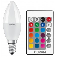 Лампа светодиодная E14, 5.5 Вт, 2700K + RGB, B40, Osram, 470 Лм, 220V, пульт ДУ (4058075430853)
