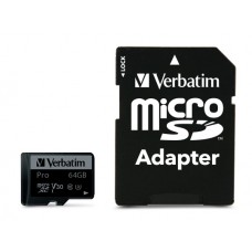 Карта памяти microSDXC, 64Gb, Verbatim Pro, SD адаптер (47042)