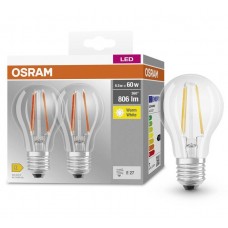 Лампа светодиодная E27, 6.5 Вт, 2700K, A60, Osram Filament, 806 Лм, 220V, 2 шт (4099854064098)