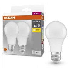Лампа світлодіодна E27, 8.5 Вт, 2700K, A60, Osram, 806 Лм, 220V, 2 шт (4058075152656)