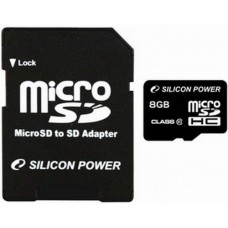Карта памяти microSDHC, 8Gb, Class10, Silicon Power, SD адаптер (SP008GBSTH010V10SP)